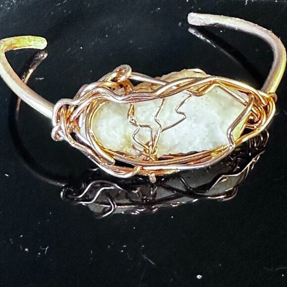 Genuine Milky Quartz Gemstone Copper Cuff Bracelet Handmade Rustic Healing Snow - Picture 1 of 8